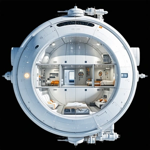 A Futuristic Space Station Is Shown In A Black And White Image