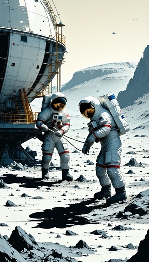 In The Image, There Are Two Astronauts Standing On A Rocky Surface, Possibly On The Moon