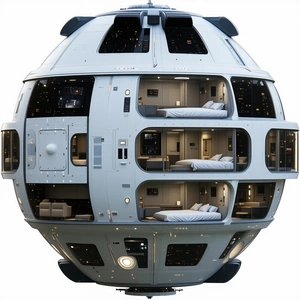 A Large, Round, White Spacecraft With A Bedroom Inside