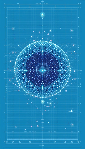 A Blue Circle Is The Center Of The Image, Surrounded By A Network Of Lines