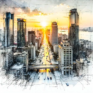Urban Pencil Sketch: Cityscape Of Downtown District During Sunset With Cityscape Depicted