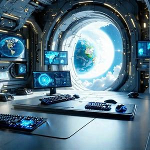 (futuristic:1.48) Digital Workspace With Futuristic Setting,