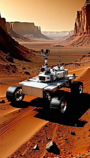 A Large, White, And Silver Robotic Vehicle, Possibly A Rover, Driving Across A Desert-like Terrain