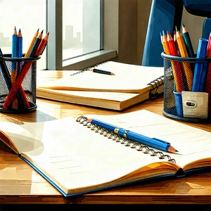 Business Lithograph: Workplace With Notebooks And Pens On Desk With Wooden Desk