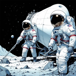 In The Image, There Are Two Astronauts Standing On The Moon, Each Holding A Tool