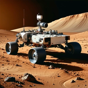 A Large, White, And Silver Robotic Vehicle On A Red Surface, Likely A Martian Terrain