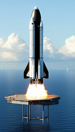 A Rocket Ship Is Being Launched From A Platform In The Ocean