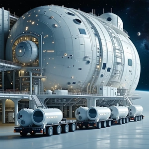 A Large White Spacecraft, Possibly A Space Station Or A Space Shuttle, Parked In A Hangar