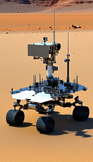 A Large Robotic Vehicle With A Silver And Black Color Scheme, Sitting On A Dirt Surface
