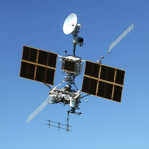 A Satellite Is Flying In The Sky, With Its Antennae Extended
