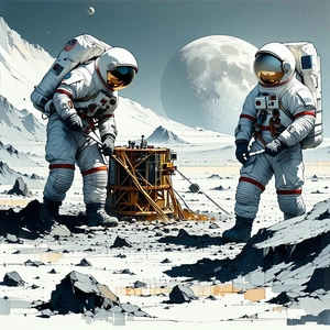 In The Image, There Are Two Astronauts Standing On A Rocky Surface, Possibly On The Moon