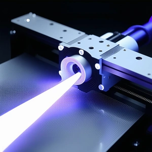A Blue Laser Is Cutting Through A Piece Of Metal, Creating A Hole In The Middle