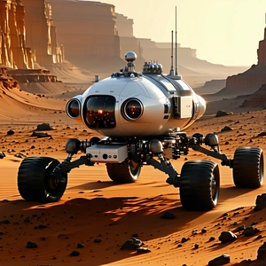 A Futuristic Vehicle, Possibly A Spacecraft Or A Rover, Driving Across A Rocky Terrain