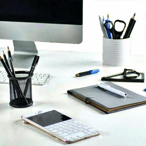 Business Product Photography: Workplace with (modern:1.31) office supplies on desk