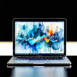 Tech Watercolor Painting: Laptop With Data Visualization With Laptop Computer