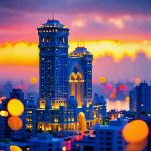 Urban Acrylic Painting: Famous (building:1.31) With Sunset (glow:1.46) With Model Large