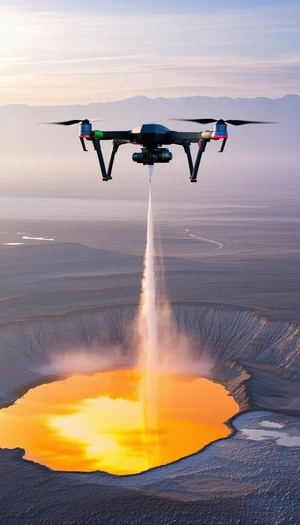 A Large, Brightly Lit Drilling Machine, Likely A Helicopter, Hovering Over A Large Pit Or Crater