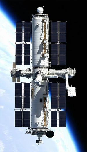 A Large White Space Station Is Floating In The Blackness Of Space