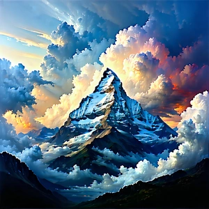 Nature Pastel Drawing: Dramatic Clouds Over Mountain Peak With Majestic Mountain