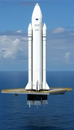 A Large White Rocket Ship Is Docked On A Platform In The Ocean