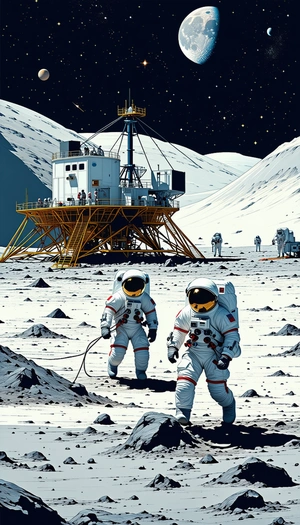 In This Image, Two Astronauts Are Walking On The Moon, Exploring The Lunar Surface