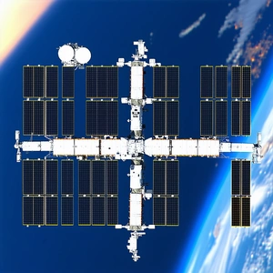 A Space Station With A Large Number Of Solar Panels On Its Surface