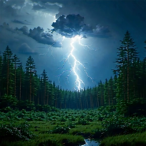 Nature Flat Design: Lightning Over Forest Clearing With Lightning Bolt