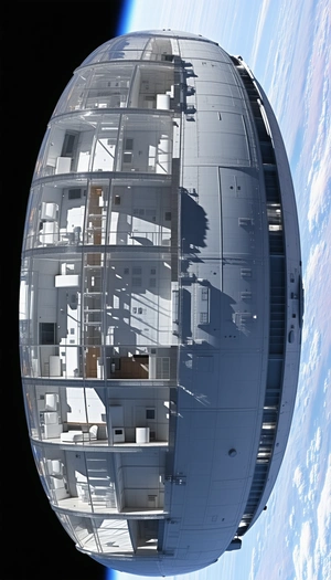 A Large White Space Station Is Shown In A Black And White Photo