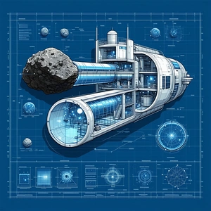 The Image Is A Blue And White Drawing Of A Space Station