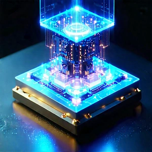Quantum Computer With Holographic Projection With Blue, Glowing