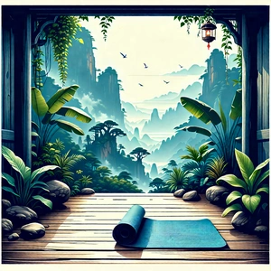 Lifestyle Woodcut Print: Wellness Scene With Yoga Mat And Plants With Image, There