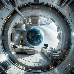 In This Futuristic Space Station, There Is A Bedroom With A Bed And A Laptop On A Desk