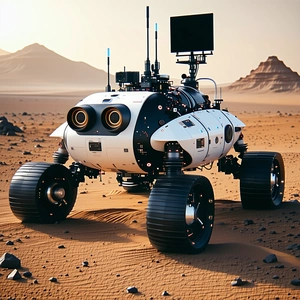 A Futuristic Vehicle Is Sitting On A Dirt Surface, With A Large Screen On The Front