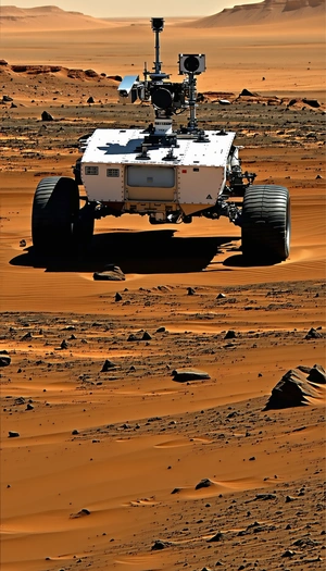 A Large White Vehicle Is Driving Across A Desert Landscape