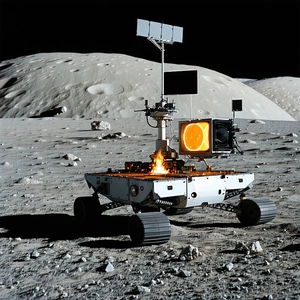 A White Robot Is Sitting On The Surface Of The Moon