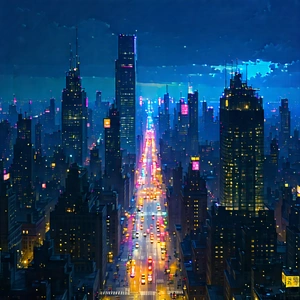 Urban Concept Art: Cityscape Of Downtown District During Night With Painting City
