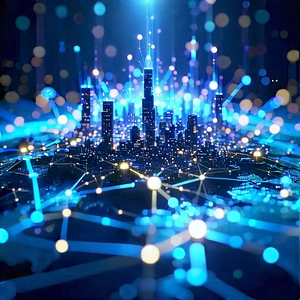 Blockchain Network Visualization With Futuristic Cityscape