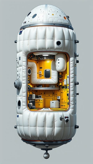 A White And Yellow Spacecraft Is Shown In A Three-dimensional View