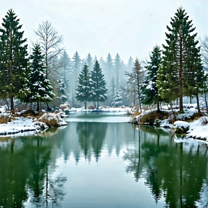 Nature Minimalist Design: Tranquil Pond Surrounded By Snow-covered Trees With Image, There