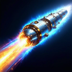 A Rocket Is Shown In A Close-up Shot, With Its Engine Lit Up