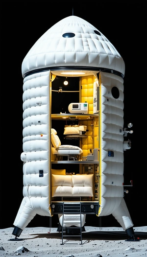 A White And Yellow Space Capsule Is Shown, With A Bed Inside