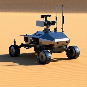 A Large Robotic Vehicle, Possibly A Tank, Sitting In A Desert-like Environment