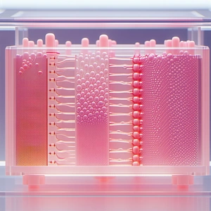 A Display Case With Three Different Colored Pink Objects Inside