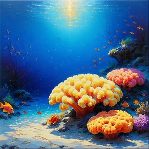 Nature Oil Painting: Coral Reef In Summer With Vibrant Underwater