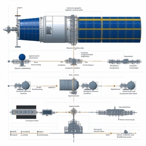 The Image Is A Detailed Diagram Of A Space Station, Showing Various Components And Their Connections