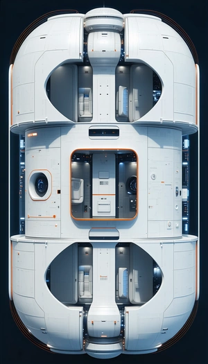 A Large, Futuristic Spacecraft With A White And Orange Color Scheme