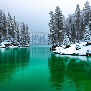 Nature Graphic Design: Crystal Clear (lake:1.23) Surrounded By Snow-covered Trees With Serene Lake