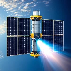 A Spacecraft Is Shown In A Blue Sky, With A Solar Panel On The Side
