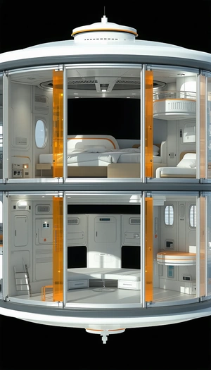 A Futuristic Space Ship With A Unique Design, Resembling A Three-story House