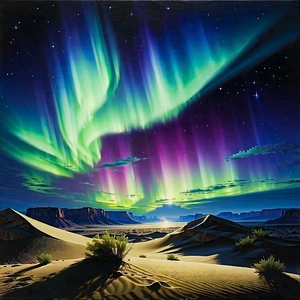 Nature Gouache Painting: Northern Lights Over Desert With Captures Beautiful